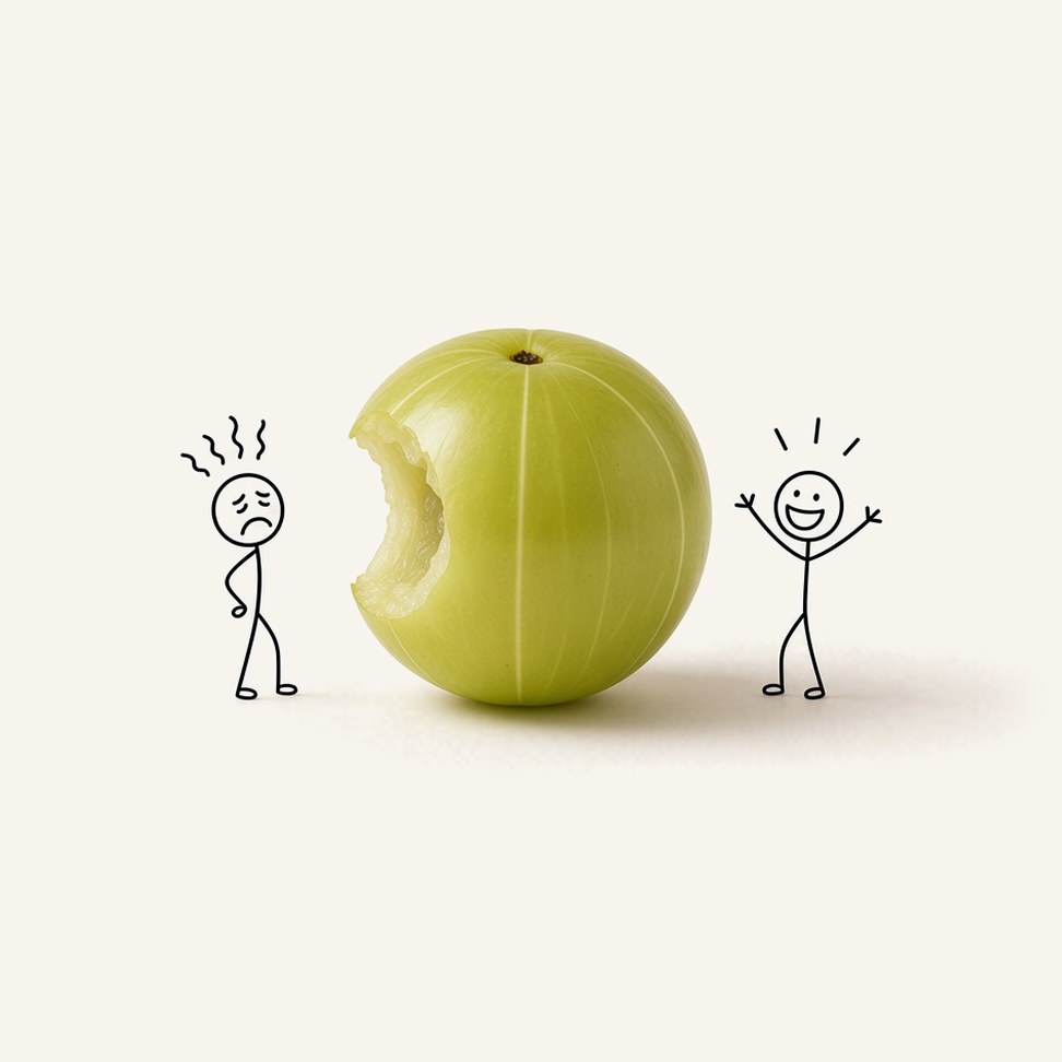 Emblic (Indian Gooseberry) Juice — fruit illustration with a line-drawn figure