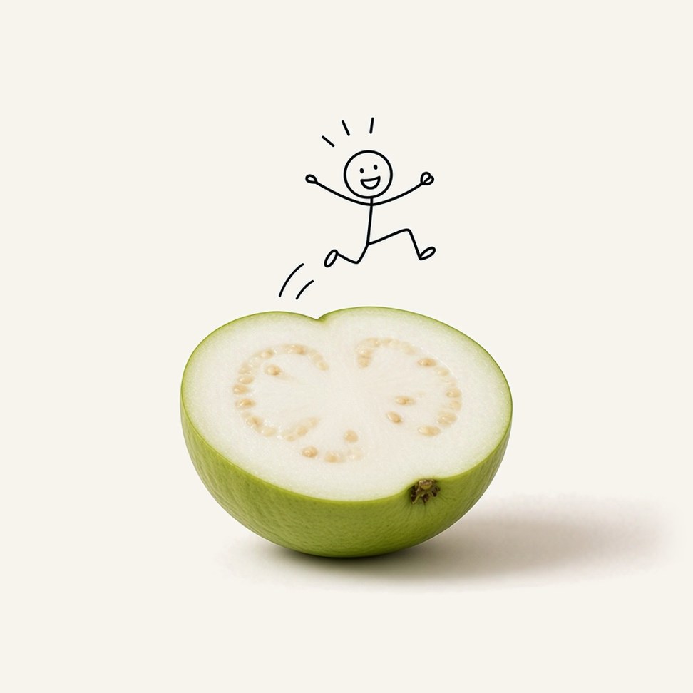 Guava Juice — fruit illustration with a line-drawn figure