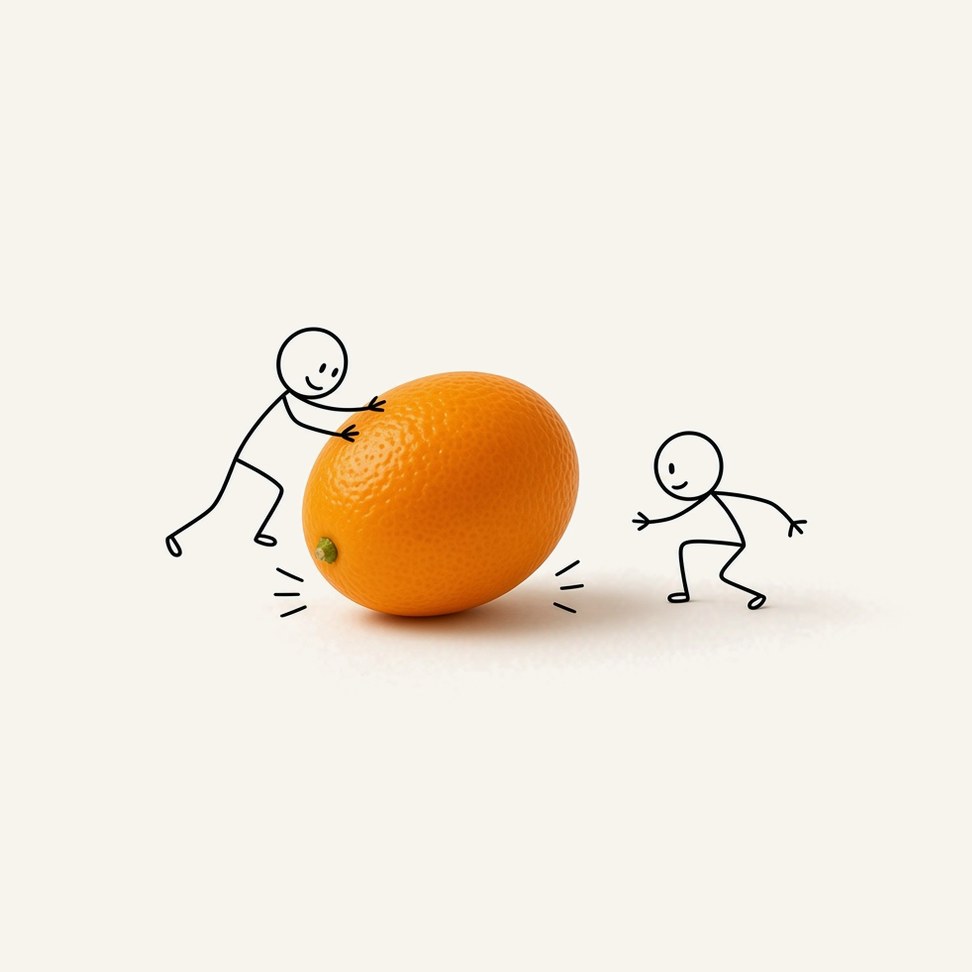 Kumquat Juice — fruit illustration with a line-drawn figure