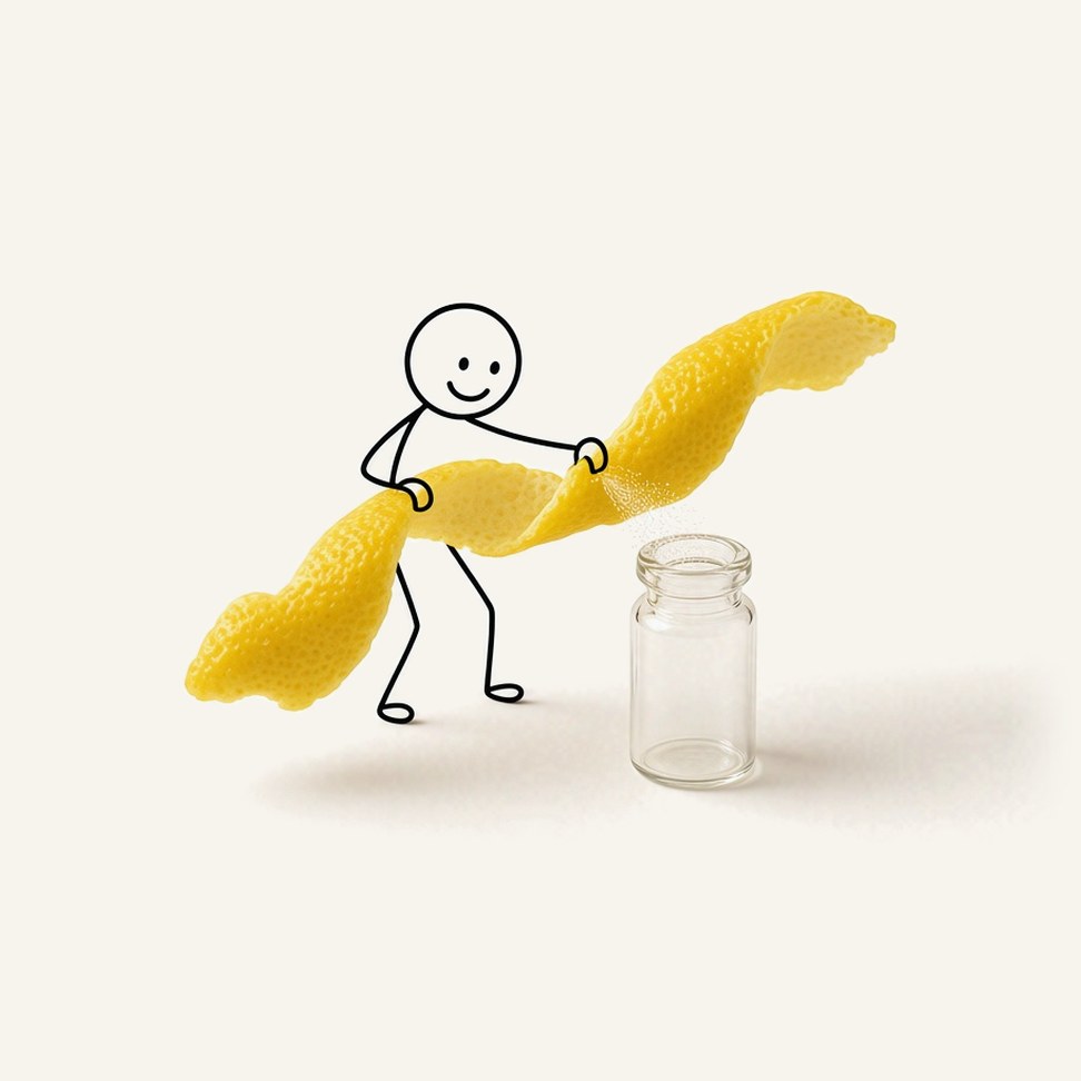 Lemon Peel Oil — fruit illustration with a line-drawn figure