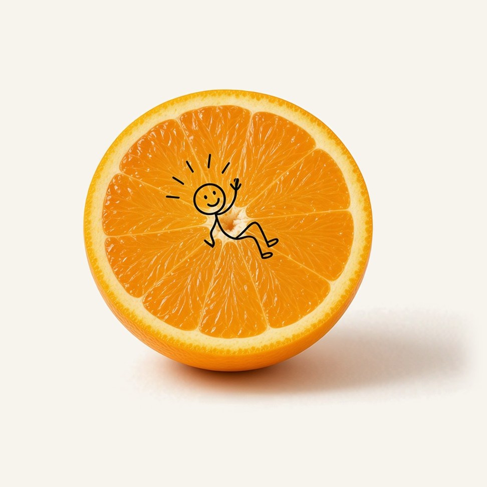 Orange Juice — fruit illustration with a line-drawn figure