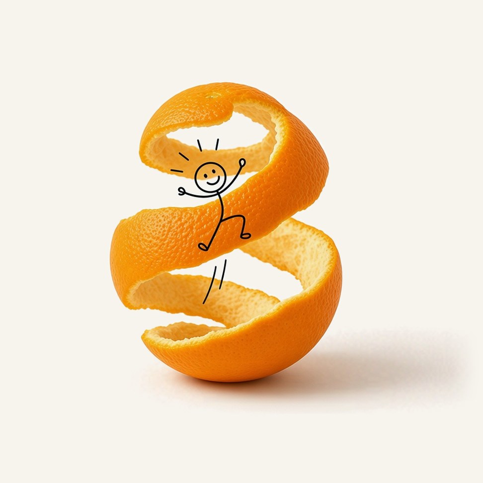 Valencia Orange Juice — fruit illustration with a line-drawn figure