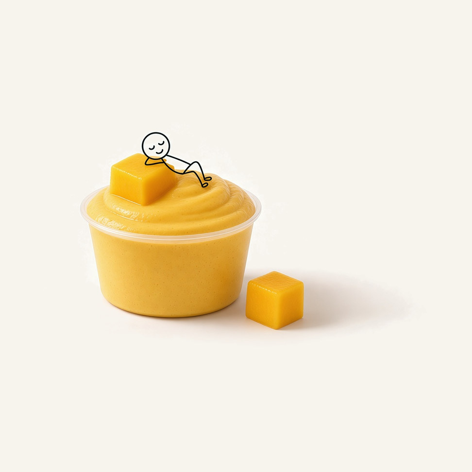 Mango microwave smoothie in a clear cup, with a figure resting on a mango cube pillow