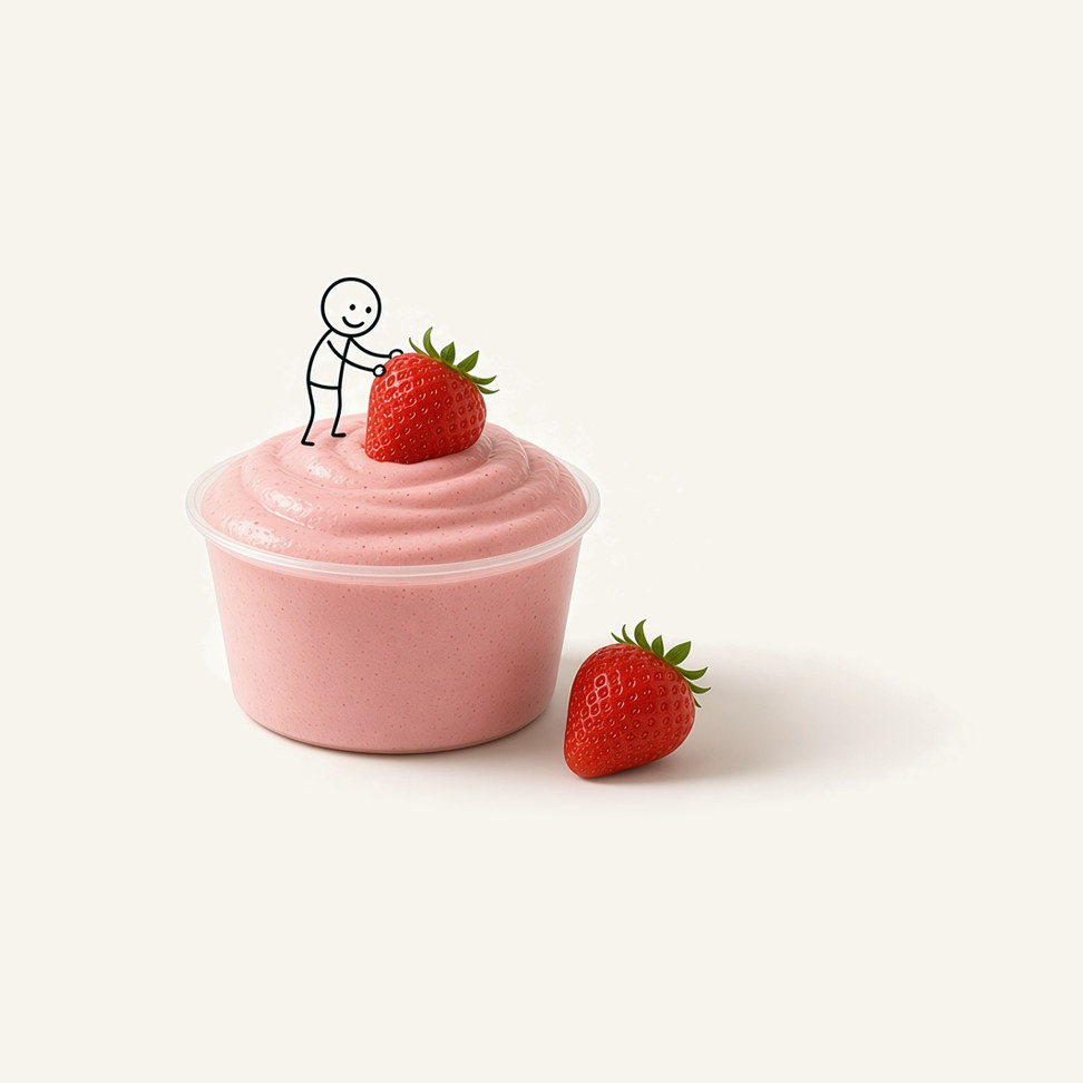 Strawberry microwave smoothie in a clear cup, with a figure pushing a strawberry into the cup