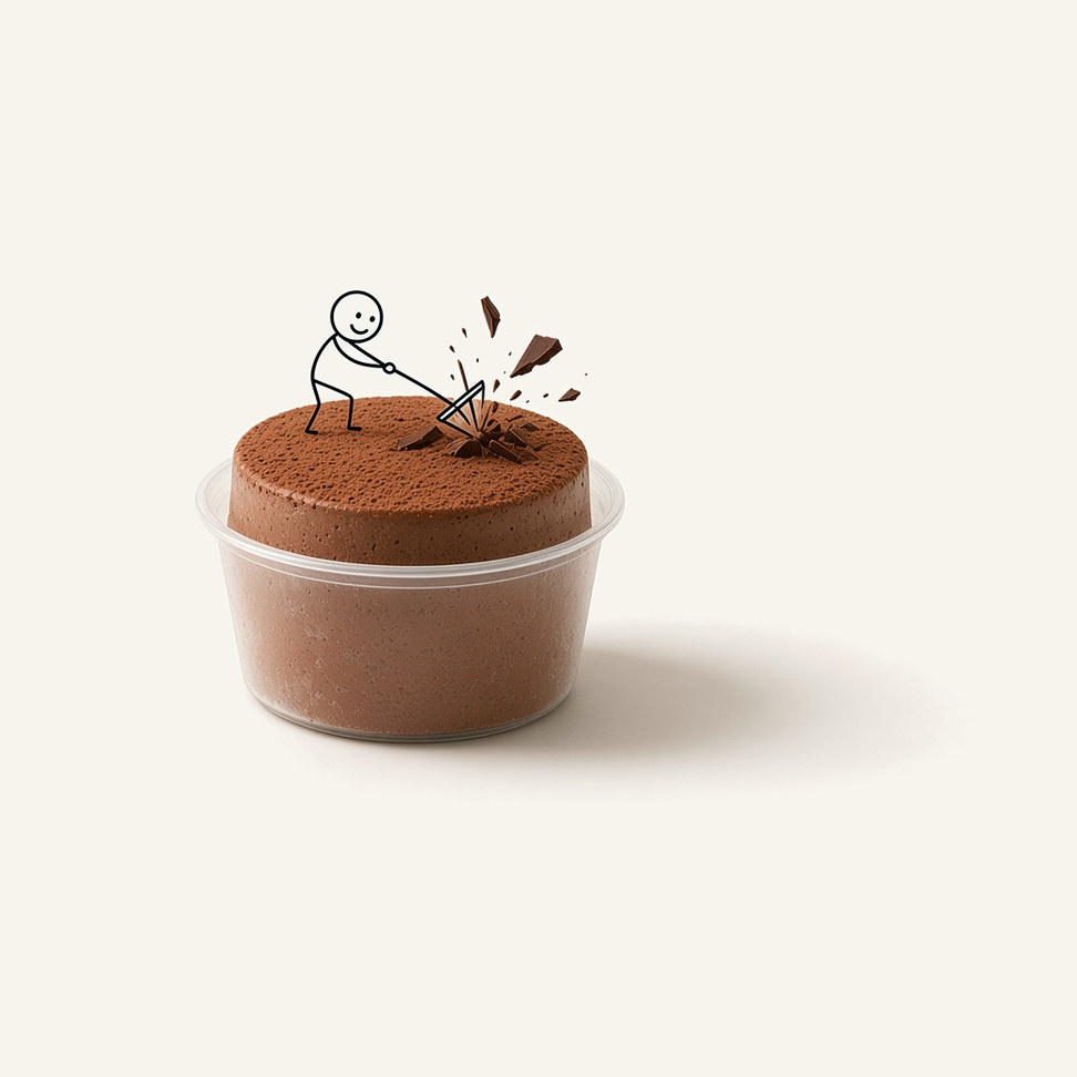 Chocolate snow ice block in a clear cup, with a line-drawn figure on top