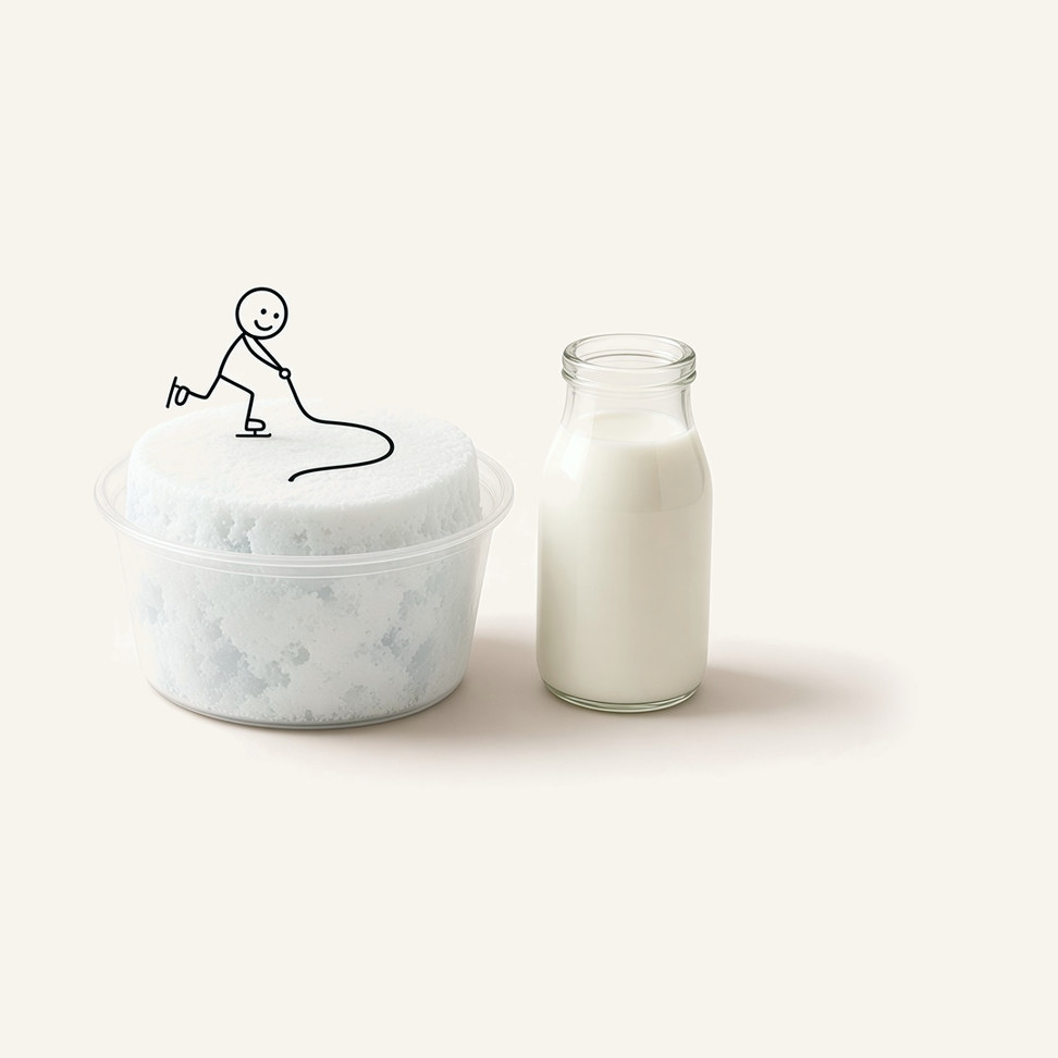 Milk snow ice block in a clear cup, with a line-drawn figure on top